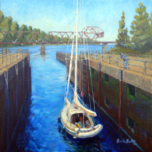 Painting of boat sailing in locks by Priscilla Prentice