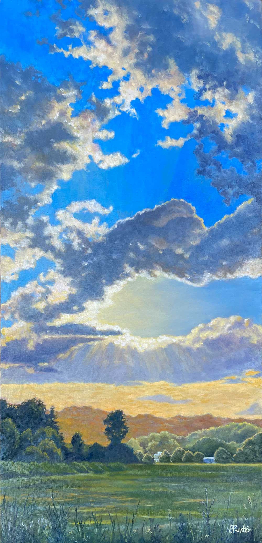 Painting of sun and clouds over a field by Priscilla Prentice