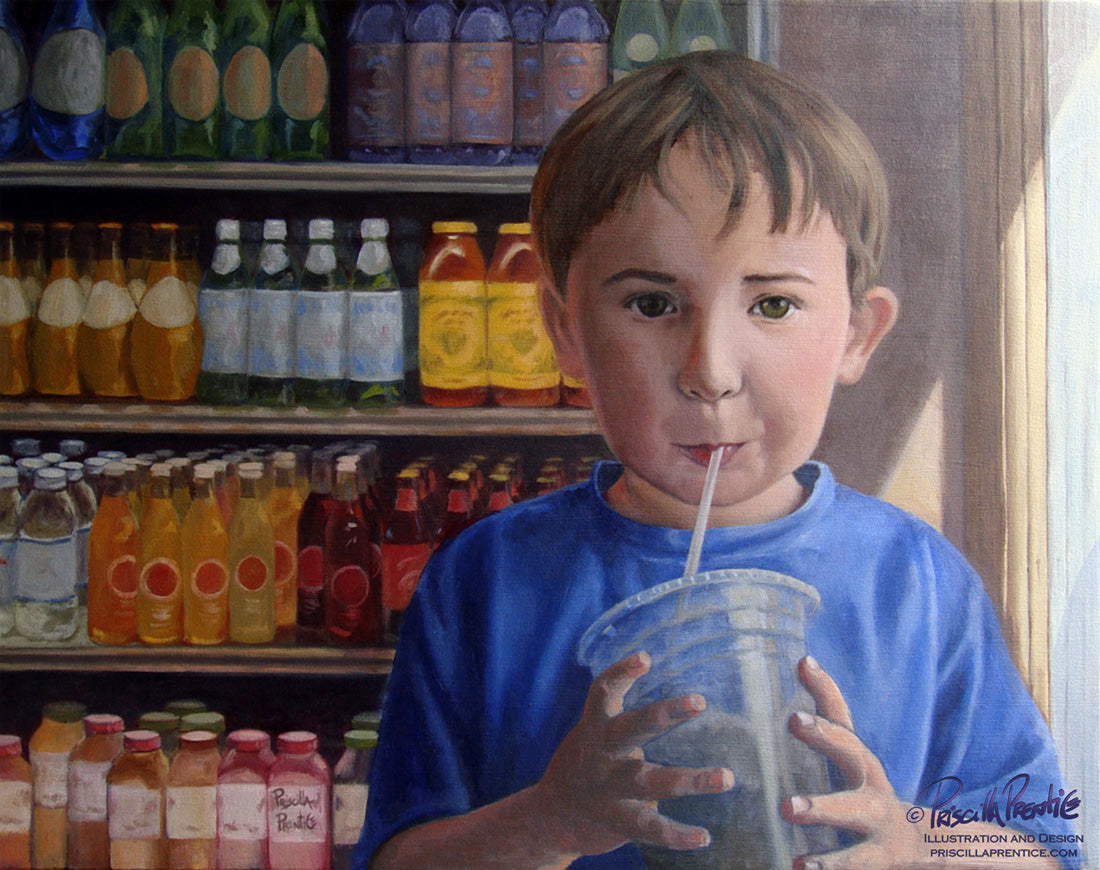 Painting of child drinking a shake in front of a wall of bright bottles by Priscilla Prentice