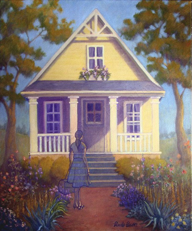 Painting of woman in front of a house with flowers by Priscilla Prentice