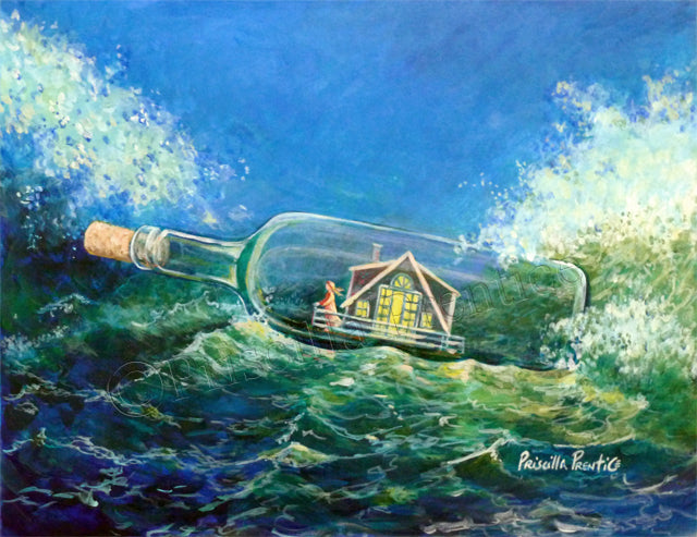 Painting of a house and a person in a bottle on a stormy sea by Priscilla Pentice