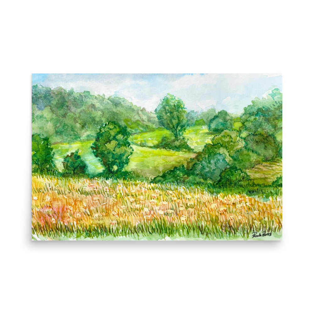 watercolor painting of a farm and trees by Priscilla Prentice