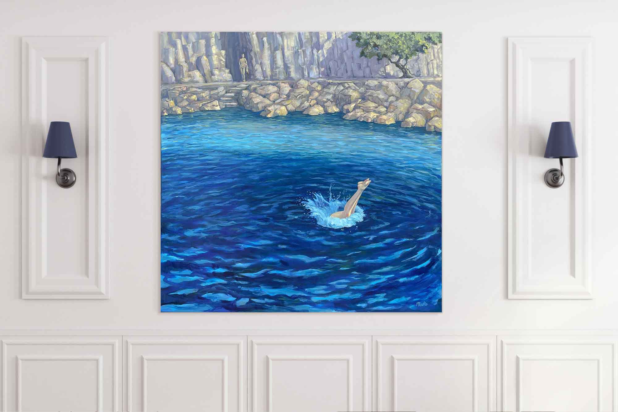 Painting of a woman diving into an ocean