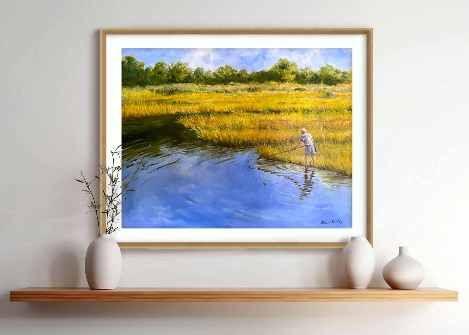 Painting of a man crabbing on a marsh