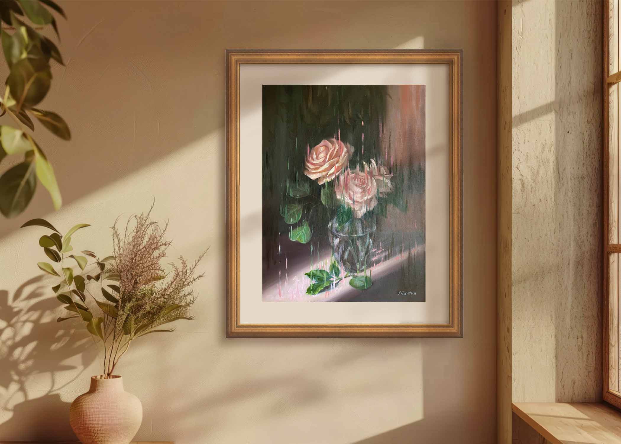 Roses painting in Frame on wall