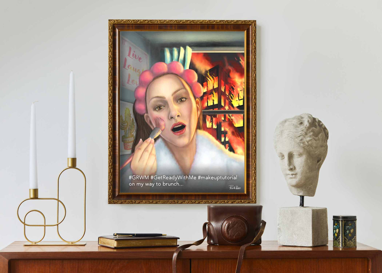 Painting of woman getting ready shown on a wall above a credenza