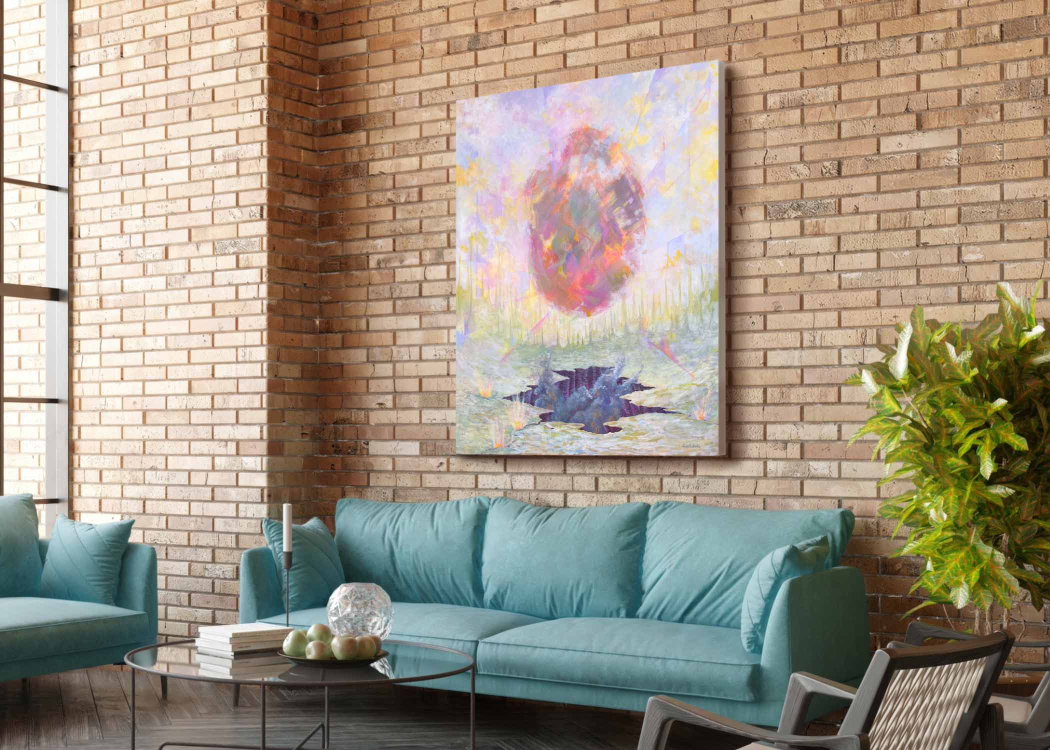Abstract painting on a brick wall in a living room