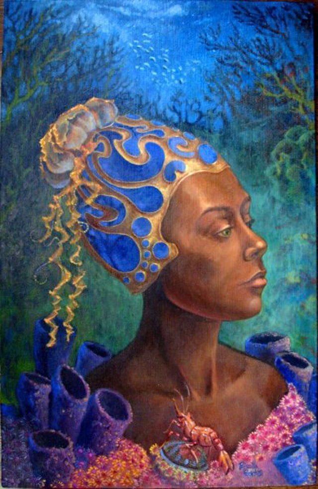 Woman under the sea with a blue crown painting by Priscilla Prentice
