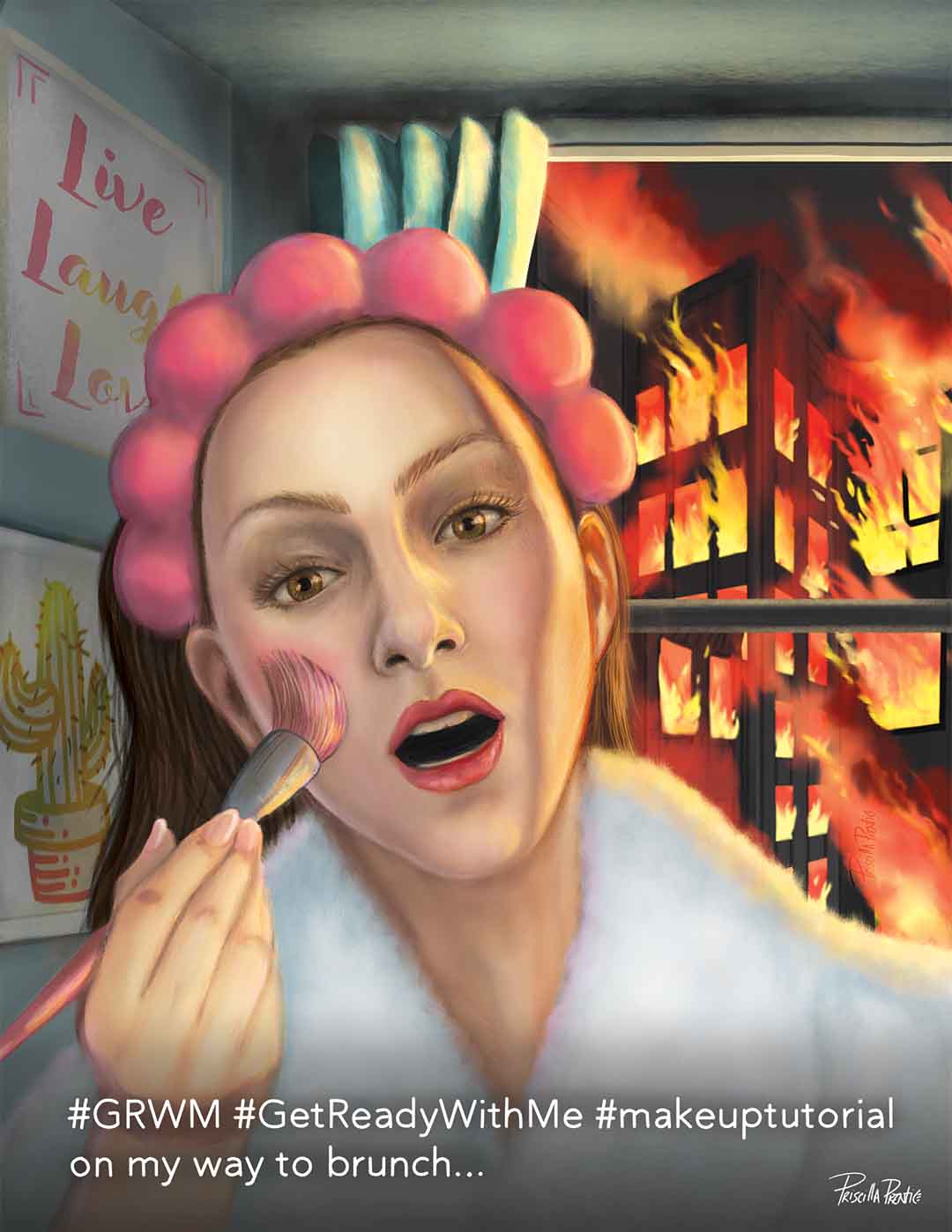 digital painting of a woman putting on makeup with a burning city behind her