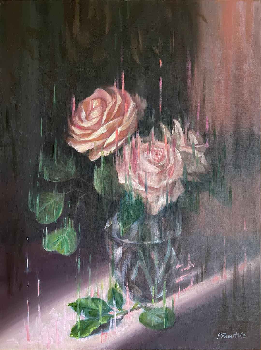 Painting of roses with abstract lines by Priscilla Prentice