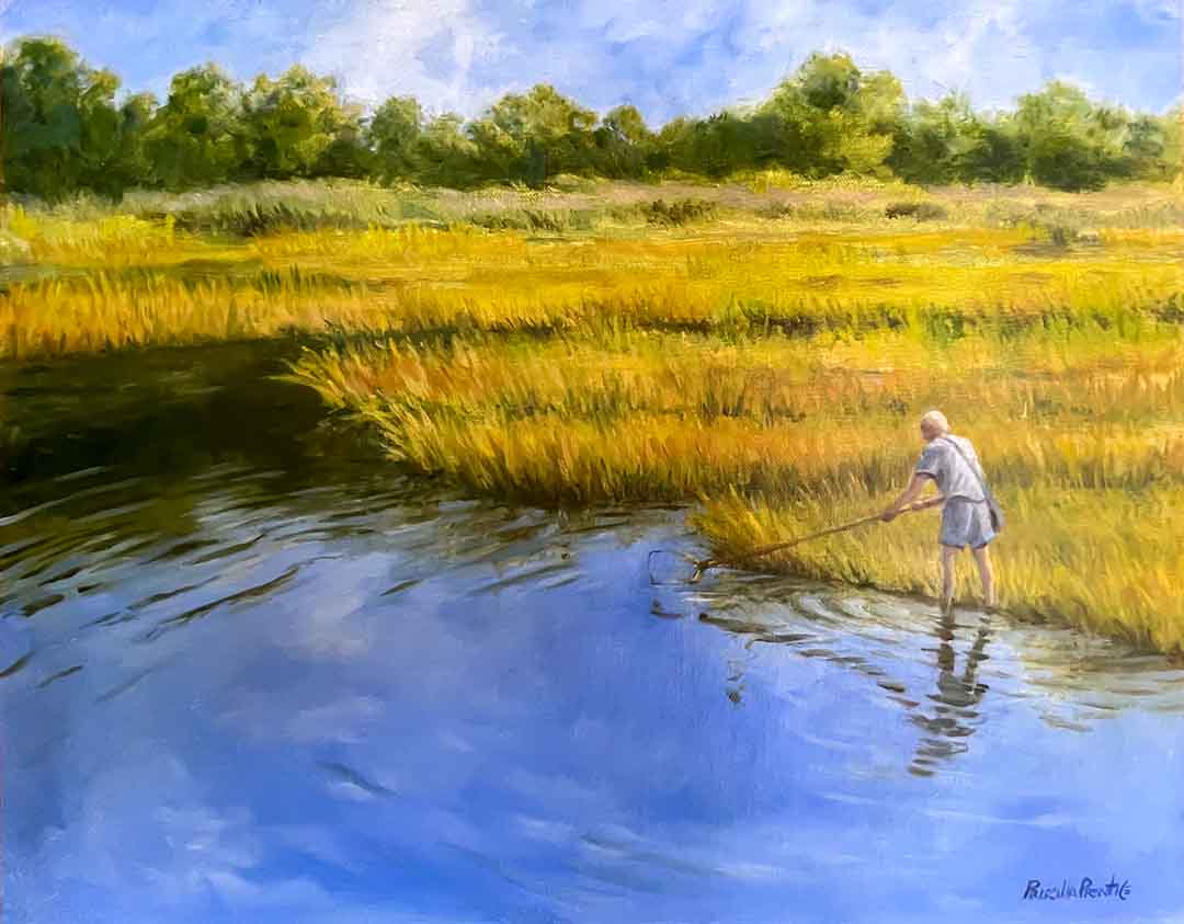 Painting of a man crabbing with a net on the marsh on a sunny day by Priscilla Prentice