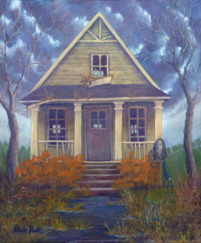 Painting of woman in front of a dark damaged house by Priscilla Prentice