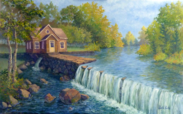 painting of a mill on a river with a waterfall