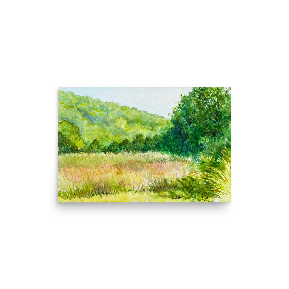 watercolor of a green summer field and trees by Priscilla Prentice