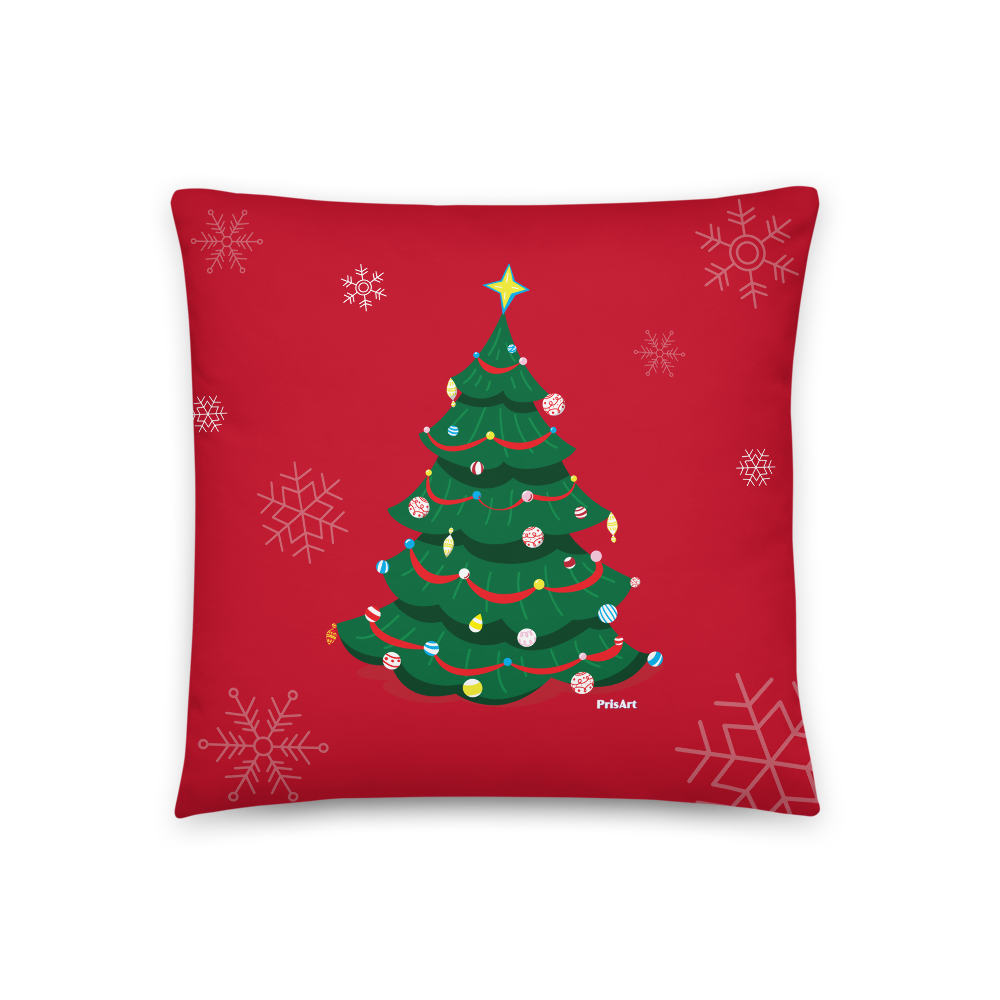 Christmas tree print pillow with snowflakes on a red background