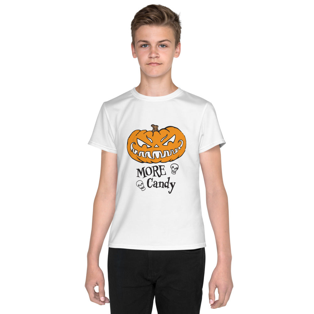 Teen - Tween boy wearing a white tshirt with the More Candy hungry pumpkin design