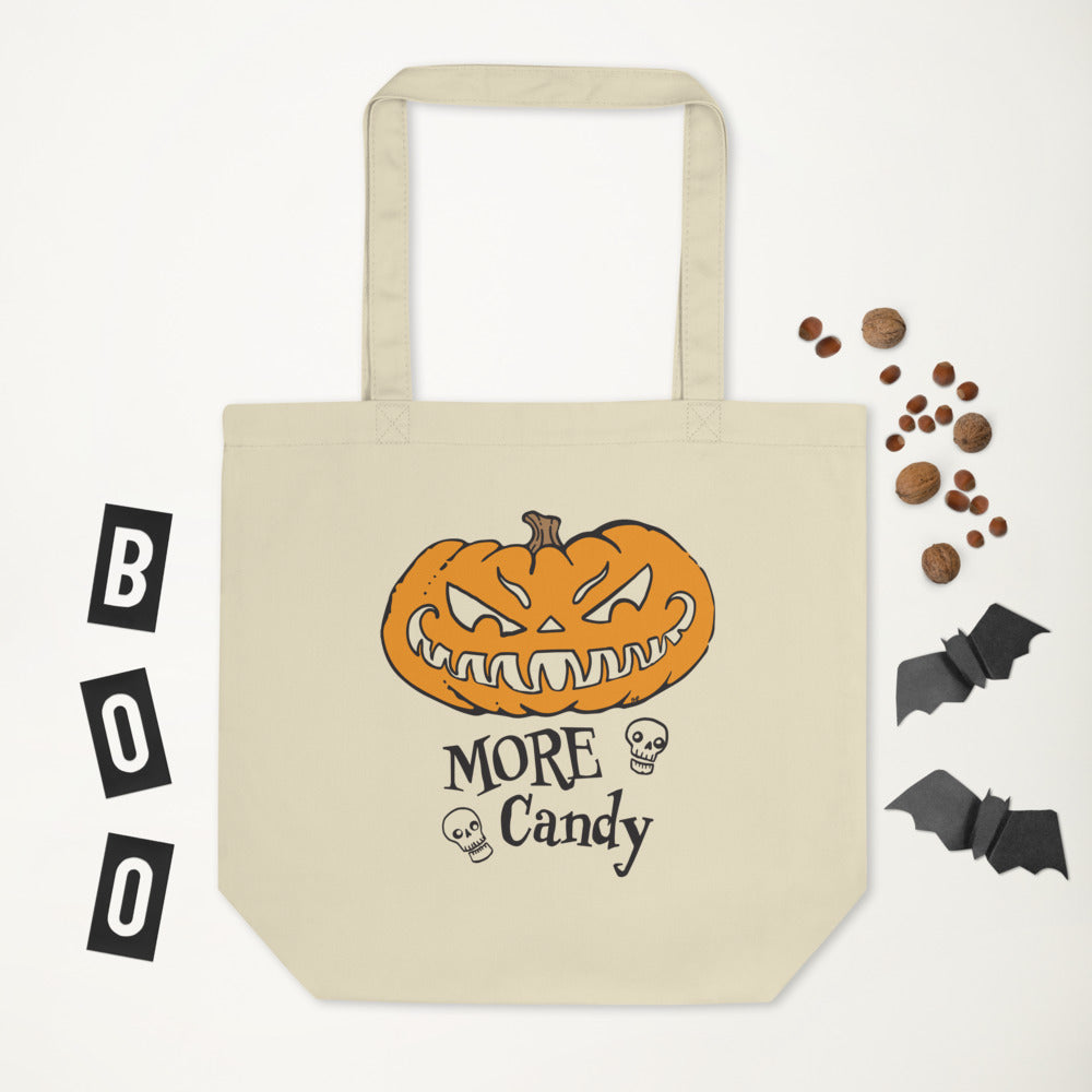 Canvas tote bag with the more candy hungry pumpkin halloween design