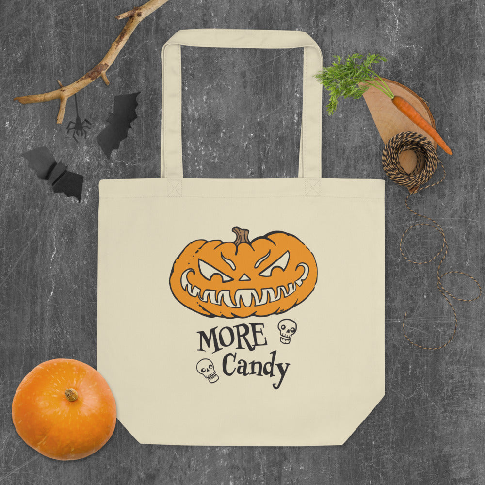 Eco canvas tote bag with More Candy hungry pumpkin design on the front